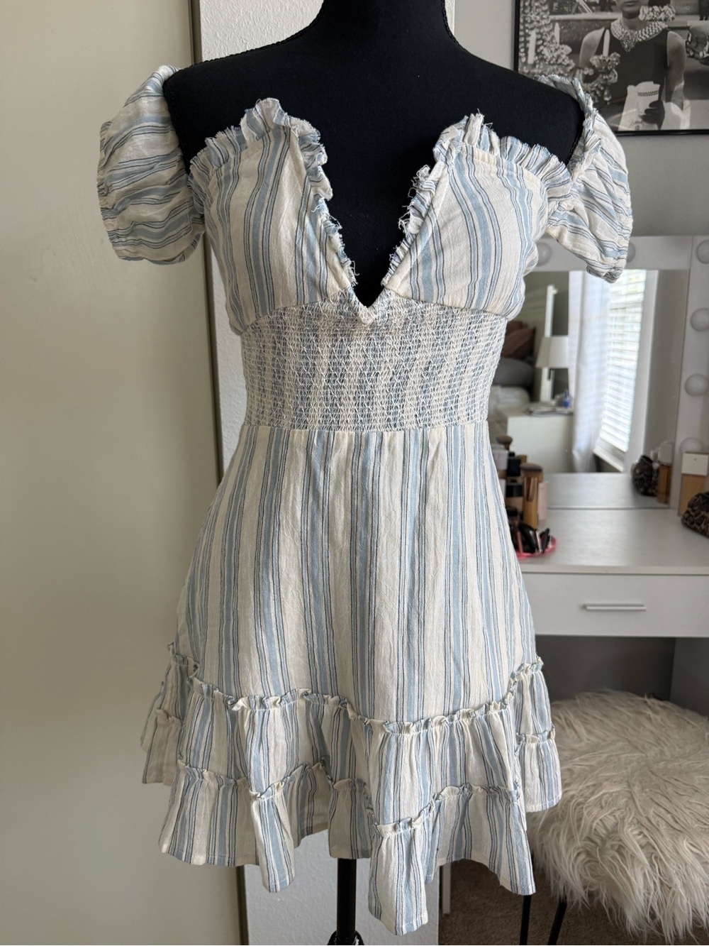 Ale by Alessandra Blue & White Off-Shoulder Mini Dress with Smocked Waist